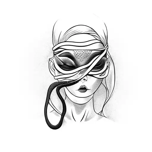 beauitful blindfolded woman holding snake tattoo design idea