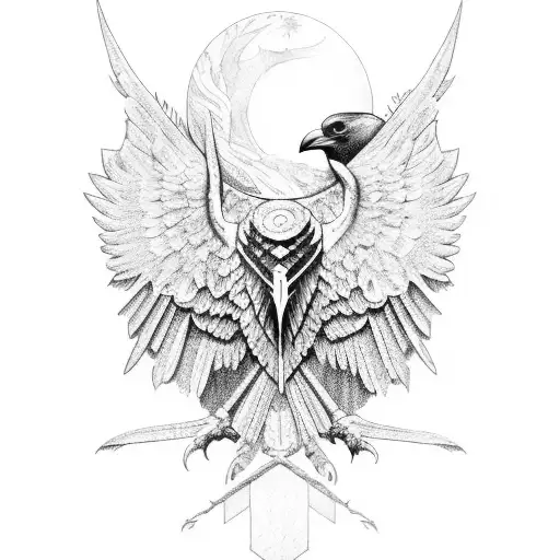 Raven with colloseum Aries and Scorpio symbol tattoo design idea
