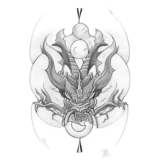 a balance scale with an eastern dragaon rolled aurond the verticla axis tattoo design idea