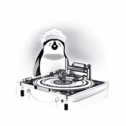 A mechanical engineer penguin using a wrench to fix a broken record player tattoo design idea