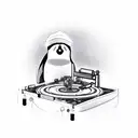 A mechanical engineer penguin using a wrench to fix a broken record player tattoo design idea