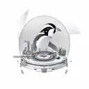 A mechanical engineer penguin using a wrench to fix a broken record player tattoo design idea