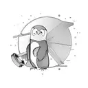 A mechanical engineer penguin using a wrench to fix a broken record player tattoo design idea