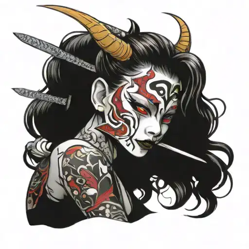 Japanese girl with a sword and a devil mask tattoo design idea