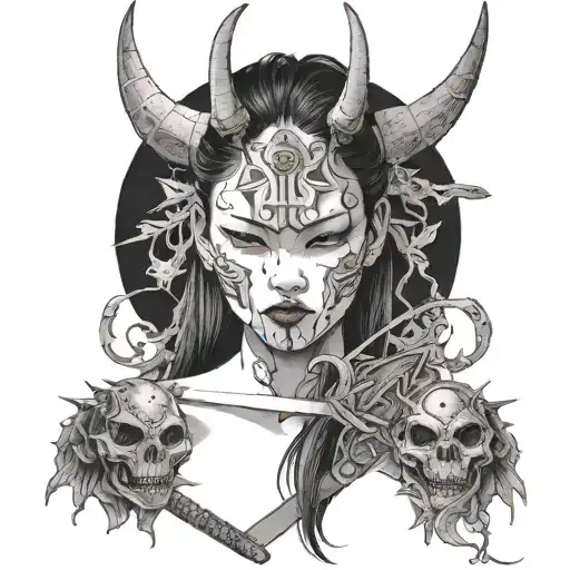 Japanese girl with a sword and a devil mask and wings tattoo design idea