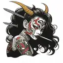 Japanese girl with a sword and a devil mask tattoo design idea