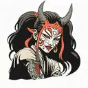 Japanese girl with a sword and a devil mask tattoo design idea