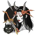 Japanese girl with a sword and a devil mask tattoo design idea