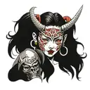 Japanese girl with a sword and a devil mask tattoo design idea