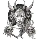 Japanese girl with a sword and a devil mask and wings tattoo design idea