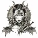 Japanese girl with a sword and a devil mask and wings tattoo design idea