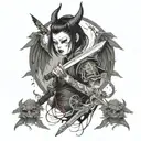 Japanese girl with a sword and a devil mask and wings tattoo design idea