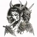 Japanese girl with a sword and a devil mask and wings tattoo design idea