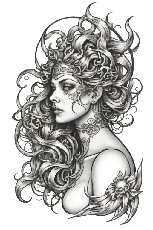Create tattoo, nuds demonic Virgo girl with winds and evil eyes  tattoo design idea