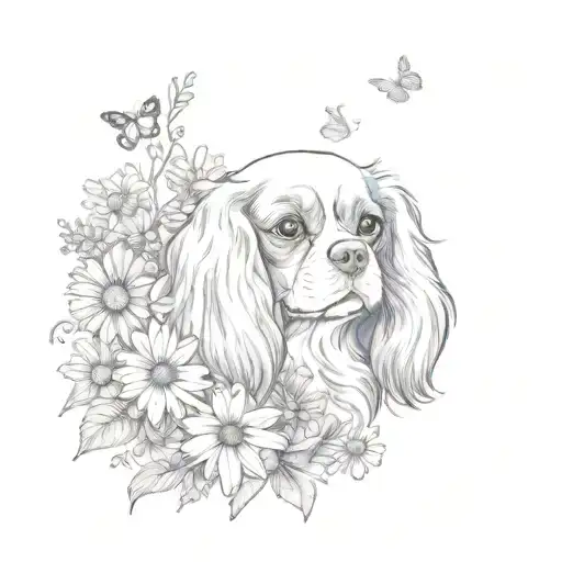 cavalier king charles spaniel in lavender and daisies with butterflies tattoo design idea