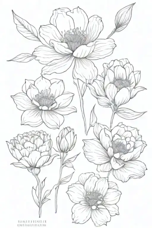 May, February and July birth flowers blooming tattoo design idea