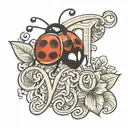 Tiny Cursive Love with a lady bug crawling on the letter E tattoo design idea