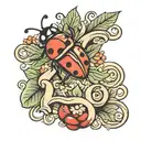 Tiny Cursive Love with a lady bug crawling on the letter E tattoo design idea