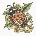 Tiny Cursive Love with a lady bug crawling on the letter E tattoo design idea