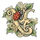 Tiny Cursive Love with a lady bug crawling on the letter E tattoo design idea