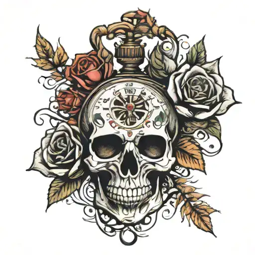 roses skull pocket watch ivy tattoo design idea