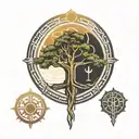 The jedi insignia from star wars linked to a tree of life containing the loba fan in apex legend, with the edgerrunners  tattoo design idea