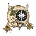 The jedi insignia from star wars linked to a tree of life containing the loba fan in apex legend, with the edgerrunners  tattoo design idea