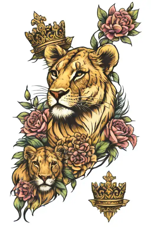lioness with crown, 3 cubs, flowers   tattoo design idea