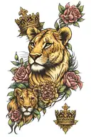 lioness with crown, 3 cubs, flowers   tattoo design idea