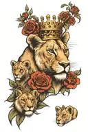 lioness with crown, 3 cubs, flowers   tattoo design idea
