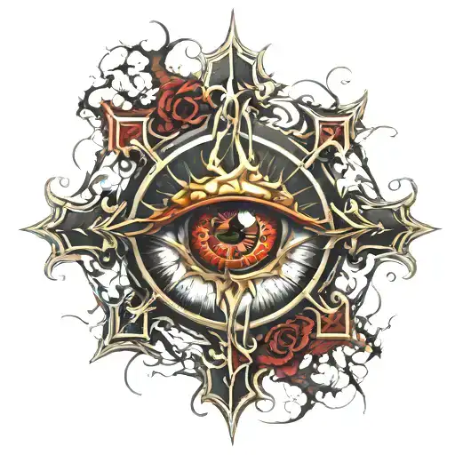 Dark black broke Satanic cross Realistic Eye, cracked and bleeding. dark black and blood red. golden cross. demonic tattoo design idea