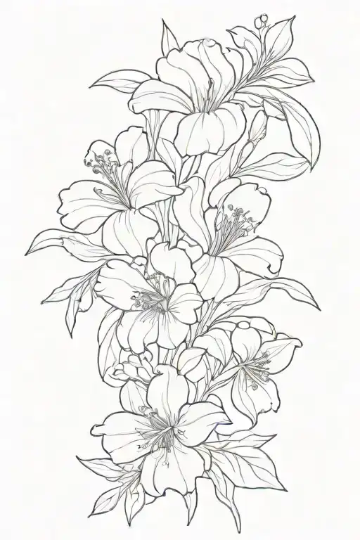 Outline of a bouquet with an Iris, Peony,  Cherokee Rose, Blue Bonnet, flowering dogwood, and orange blossom tattoo design idea