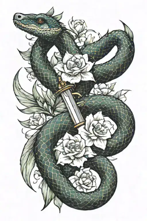 Anaconda with two daggers in criss cross tattoo, dagger blades are made of flowers with no tattoo design idea