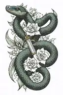 Anaconda with two daggers in criss cross tattoo, dagger blades are made of flowers with no tattoo design idea