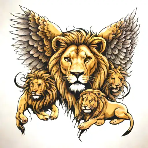 back tattoo with lioness head and lion head on shoulders a guardian angel in the centre of back and four lion cubs of di tattoo design idea