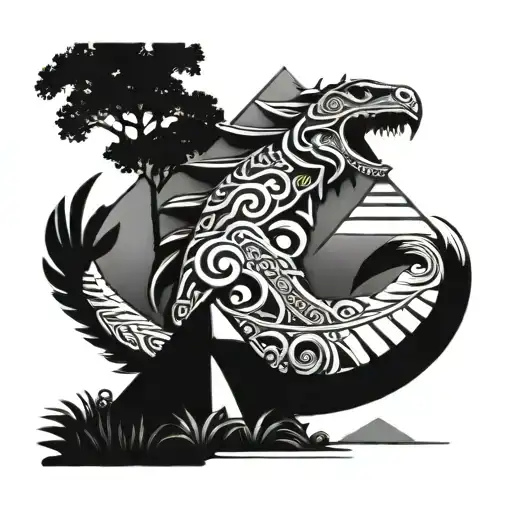 Quetzalcoatl and a pyramid with trees and an Aztec warrior tattoo design idea