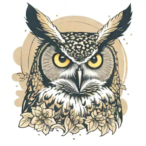 great horned owl perched magestic two eyes neutral colors space background  tattoo design idea