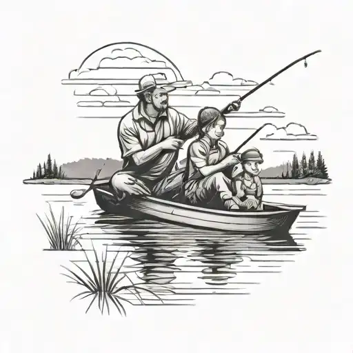 A father and son fishing together on a serene lake with a beautiful sunset in the background tattoo design idea