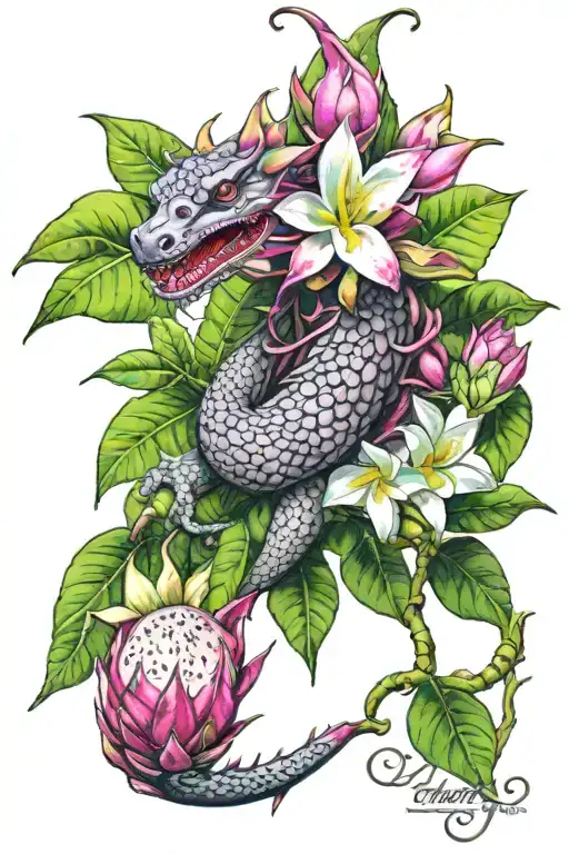 dragonfruit growing on green vine with green dragon head and white plumeria flowers tattoo design idea