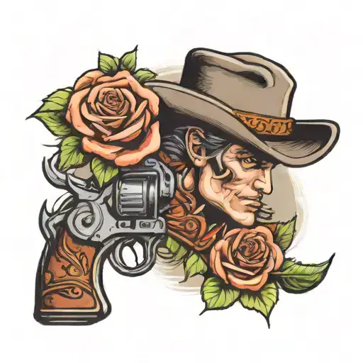 cowboy with smoking revolver and roses intertwined tattoo design idea