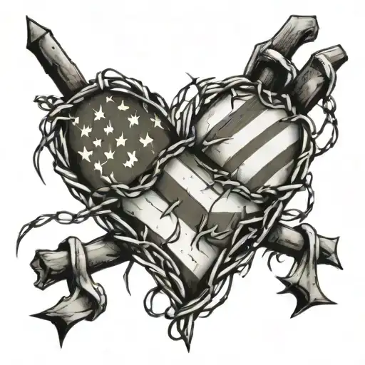 barbed wire tattoo with American flag heart around bicep tattoo design idea