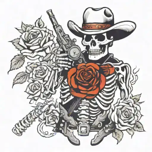 skeleton  cowboy with smoking revolver and roses intertwined tattoo design idea