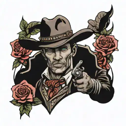 cowboy with smoking  revolver and roses tattoo design idea