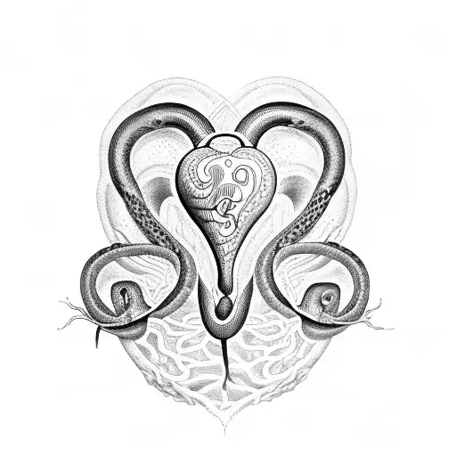 heart organ with 3 snake heads coming together tattoo design idea
