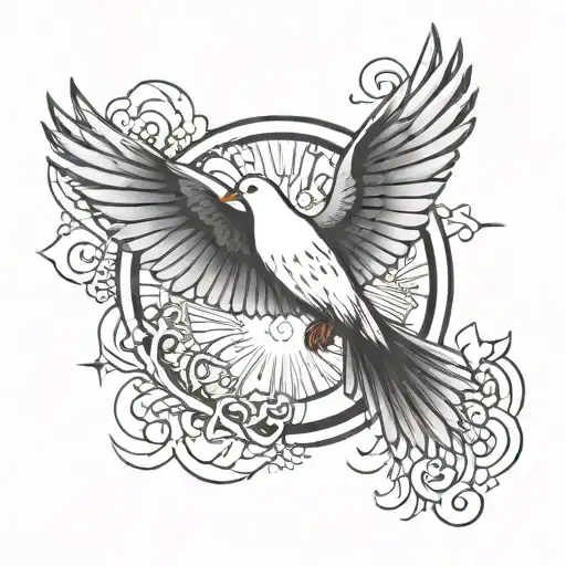 A stylized depiction of the Holy Spirit as a dove, surrounded by rays of light, symbolizing peace and divine presence tattoo design idea