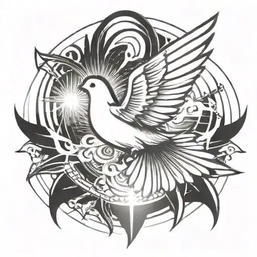 A stylized depiction of the Holy Spirit as a dove, surrounded by rays of light, symbolizing peace and divine presence tattoo design idea
