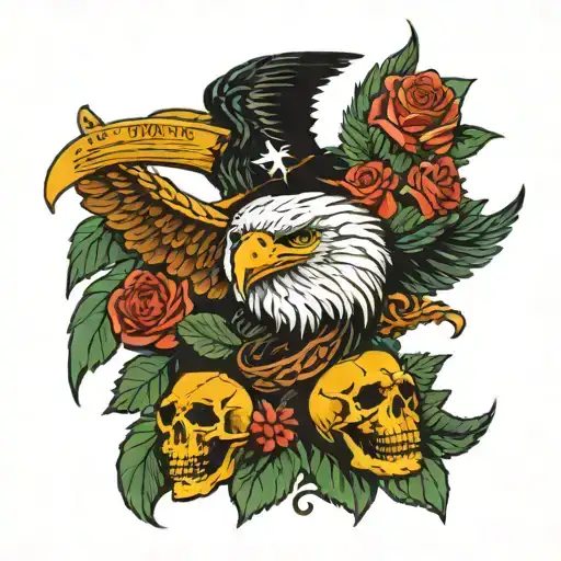 would like a bear, eagle, ship, and snake with skulls and flowers with a scaly background to fill voids tattoo design idea