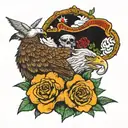 would like a bear, eagle, ship, and snake with skulls and flowers with a scaly background to fill voids tattoo design idea