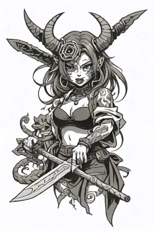 anime girl with machete and demon mask tattoo design idea