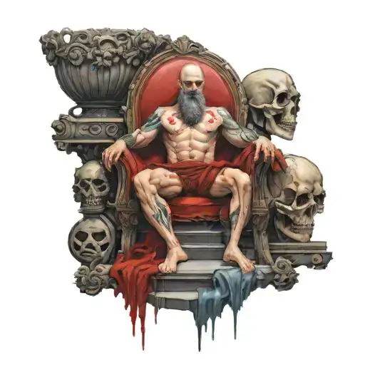 Show me an tattoo with Aries god of war standing at the top of a skull staircase, in front of a throne made of flesh, wi tattoo design idea